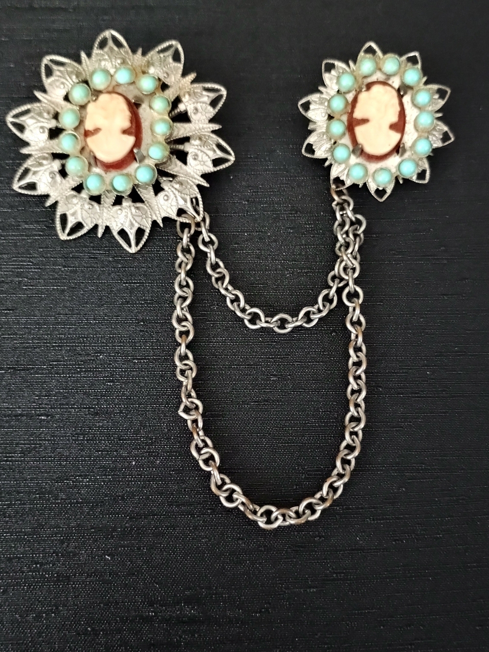Vintage-1950 Cameo & Turquoise Double Brooch Chain